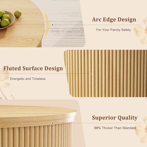 LYNCOHOME Round Coffee Table, Round Wooden Coffee Table with Storage, Fluted Modern Coffee Tables for Living Room Home Office, Natural