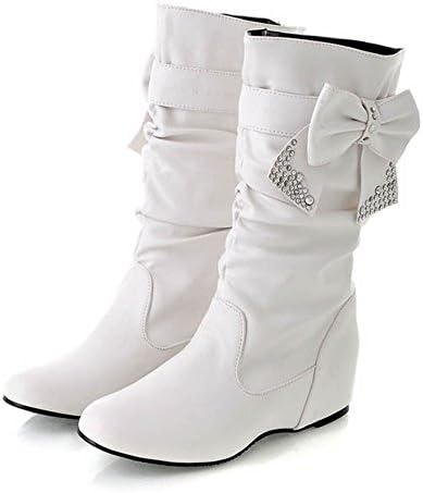Summerwhisper Women's Cute Bowknot Rhinestone Heighten Mid Calf Boots White 6 B(M) US