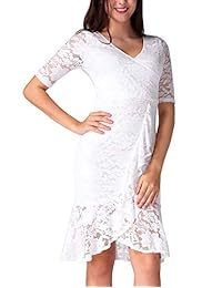 CHICIRIS Vestido de cóctel elegante con cuello en V y manga media, con volantes, floral, de encaje, para fiesta