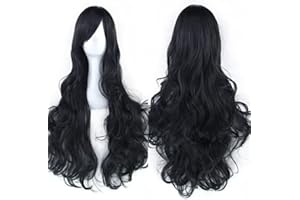IMISSU 80cm Long Curly Natural Hair Cosplay Wig with Bangs Colorful Halloween Costume Party Wigs for Women (Black)