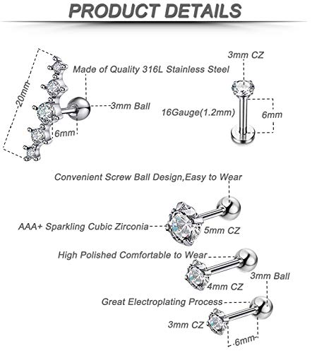 YOVORO 7Pcs 16G Stainless Steel Cartilage CZ Stud Earrings for Women Girls Helix Tragus Daith Piercing Jewelry S1