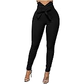 XXTAXN Women's Casual High Waist Stretch Trousers Solid Pencil Pants with Tie