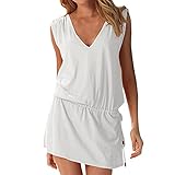 LAPAYA Women's Swim Beach Dress Deep V Neck Open-back Beach Cover Up Beach Skirt, White, 2-6