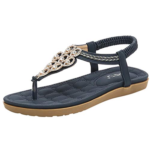 Mysky Summer Women Bohemian Crystal T-Strap Elastic Band Wedge Sandals Ladies Casual Comfy Flat Wild Beach Shoes Blue