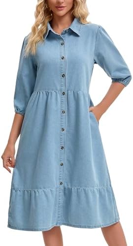 midi denim dresses for older ladies with sleeves Dark Indigo Denim Long Sleeve Button Front Midi Dress
