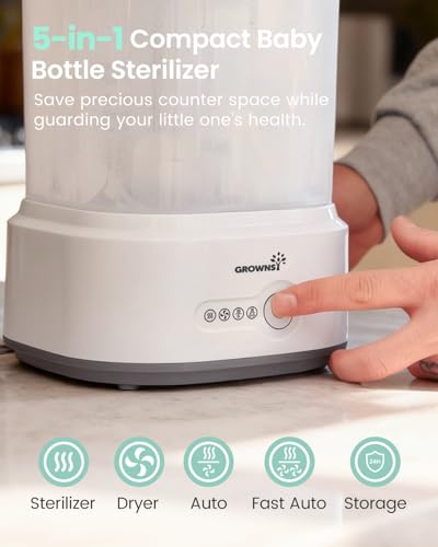 Grownsy Baby Bottle Sterilizer and Dryer, Compact Baby Bottle Sterilizer, Electric Steam Bottle Sanitizer for Baby Bottles, Pacifiers, Pump Parts