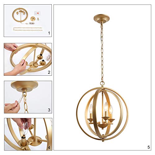 KSANA Orb Chandelier, Modern Gold Sphere Ceiling Lamp, Suspended Indoor Pendant Lights with Adjustable Chain, 3 Light Globe Pendant Lighting Fixture for Dining Room,Bedroom,Entryway,Kitchen - Thumbnail 5
