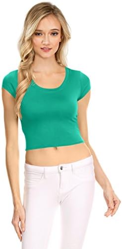Womens Basic Short Sleeve Scoop Neck Crop Top - USA, T1029, XXX-Large, Emerald
