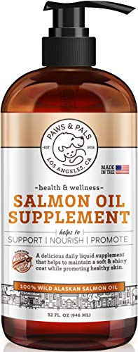 Paws & Pals Wild Alaskan Salmon Oil for Dogs & Cats - 32oz of 100% Pure Fish Oil Liquid Food w/Omega 3 & Natural EPA + DHA - Skin Coat Dog Shedding Supplements Joints, Immune System & Heart Function