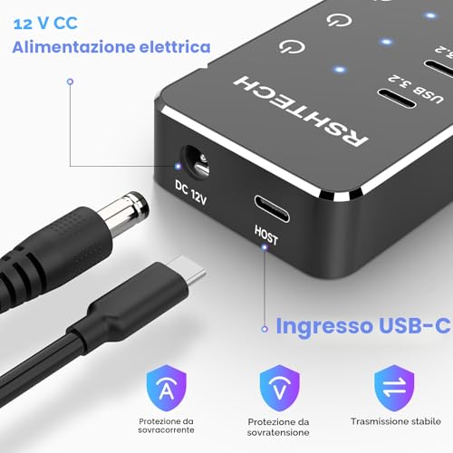 USB Hub Powered, RSHTECH USB 3.2/USB C Hub 10 Ports with USB-A 3.2 and 2x USB-C 3.2 10Gbps Data Ports, 7 USB-A 3.0 Ports and 12V/5A 60W Power, Individual Switches USB HUB, RSH-ST10C