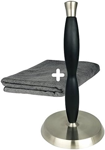 Counter Top Upright Standing Stainless Steel Paper Towel Holder - Dispenser and Free Grey Microfiber Cloth Towel - A Chef's Perfect Kitchen Hand Towel Holder Utensil and Best Clean Up Combination