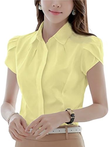 DPO Lady's Slim Cotton V-Neck Office Formal Pleated Work Shirt Short Puff Sleeve Blouse