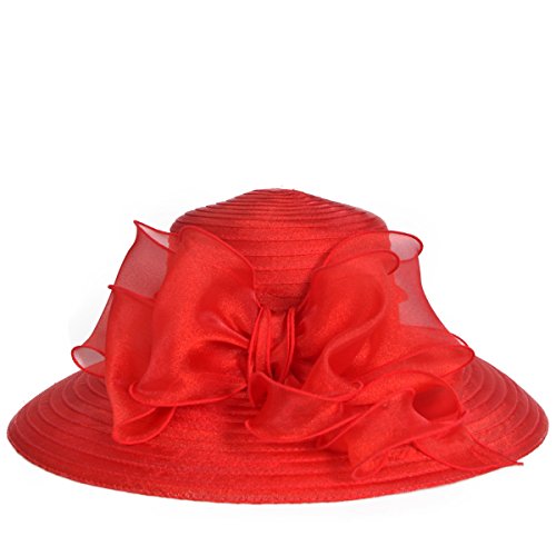 Lady Derby Dress Church Cloche Hat Bow Bucket Wedding Bowler Hats (Wide Brim-Red)