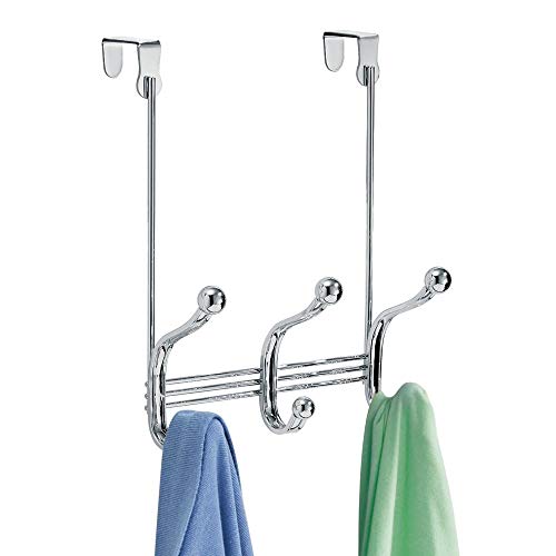 InterDesign York Lyra Over Door Storage Rack - Organizer Hooks for Coats, Hats, Robes, Clothes or Towels – 3 Dual Hooks, Chrome