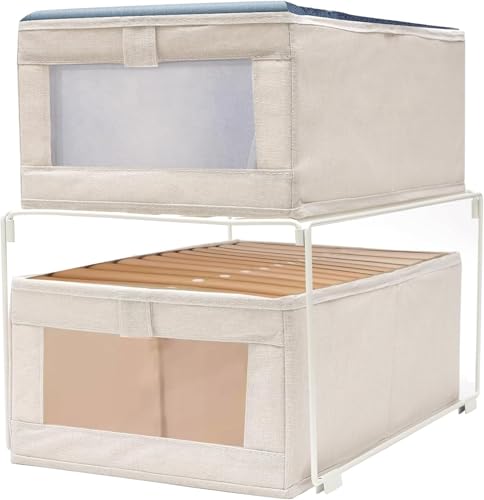 SULUNZEGER Drawer Organiser, 2 Pack Stackable Clothes Storage Box with 1 Pack Foldable Metal Closet Organizer Rack, Wardrobe Bag for Cupboard Cabinet Home Storage, (Beige) (1 set)