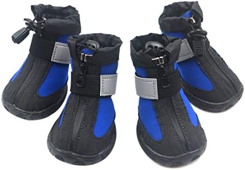 PetPi 4pcs x Paw Protector Blue Dog Shoes Waterproof + Anti-slip Rubber Sole with Reflective Velcro for Yorkshire Terrier Poodle (No.3, 1.77"*1.45")