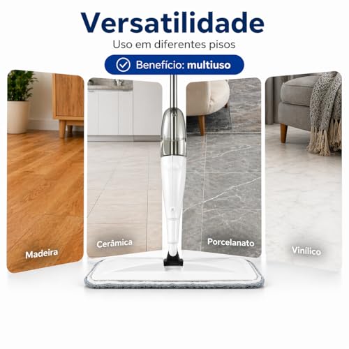 Rodo Spray com Reservatório de Água e Refil Microfibra Ultra Absorvente; Mop de Limpeza para Piso, Porcelanato e Laminado; Limpeza Prática Sem Balde