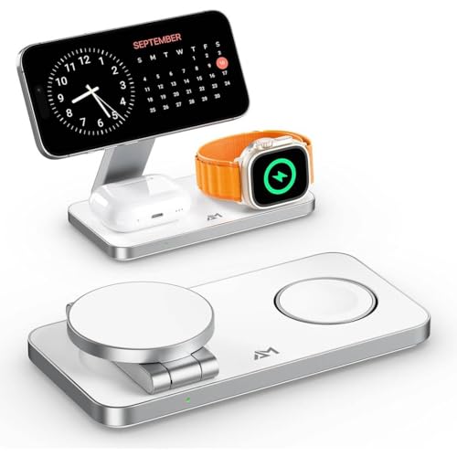 AMROAH Foldable 3 in 1 Wireless Charging Station for Apple Compatible with Magsafe Charger Stand, Magnetic Wireless Charger Station for iPhone 17 16 15 14 13 12, Airpods Pro, Apple Watch (White)