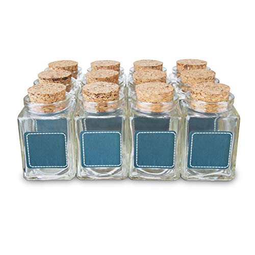 Glass Favor Jars with Cork Lids Square 3.4oz - Mason Jar Wedding Favors Apothecary Jars Bottles with Chalkboard Labels, Chalk Pen, Personalized Tags String [12pc Bulk Set] Spices, Candy