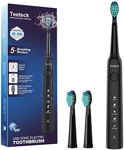 Electric Toothbrush, Sonic Rechargeable Eletronic Toothbrushes for Adults, Electronic Toothbrush with 2 Waterproof Replacement Brush Heads Power Clean as Dentist, Black