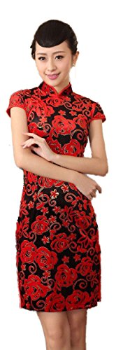 AvaCostume Women's Pleuche Chinese Classical Cap Sleeve Qipao Red Dress