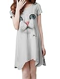 Ladies Short Sleeve Cat Head Patterned Asymmetric Hem Dress