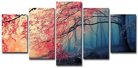 YUAOO 5 Panel Wall Art Red Tree and Cherry Blossom Forest Abstract Colorful Background Painting Pictures Print on Canvas Abstract The Picture for Home Modern Decoration,20x30cmx220x40cmx220x50cmx1