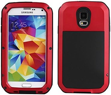 Galaxy S5 Case, Amever Aluminum Metal Case with Silicone - Water Resistant Shockproof Metal Bumper Heavy Duty Tempered Glass Dual Layer Protective Skin Cover Case for Samsung Galaxy S5 G900 - Red
