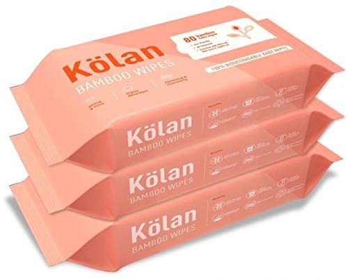 Kolan Eco-Friendly Bamboo Baby Wipes with Olive Oil, Aloe Vera & Jojoba Oil, 80 Wipes/Pack (Pack of 3)