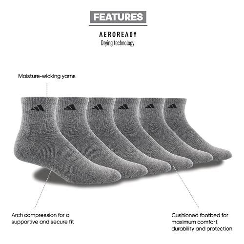 adidas Men's Athletic Cushioned Quarter Socks (6Pair), Heather Grey