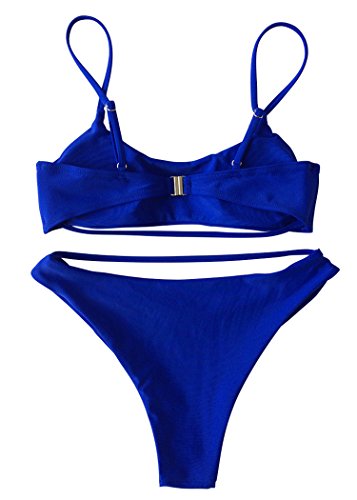 ESONLAR Womens High Cut 2pcs Swimsuit Scoop Neck Cropp Top Cutout Strappy Thong Bikini Suit Sapphire Blue M - Thumbnail 3