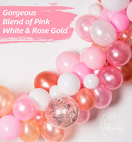 Bloonsy Balloon Garland Kit | Pink Balloons Arch Kit | 120 Pack | Rose Gold Confetti White Pastel Blush Pink Balloons | Baby Shower Bridal Girls Birthday Party Decorations Supplies Decorating Strip