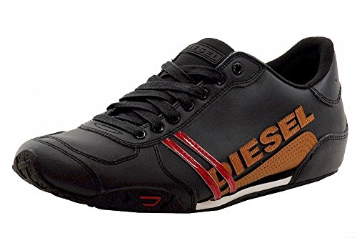 Diesel Men's Harold Solar Leather Fashion Sneaker, Black/Tobacco Brown, 7.5 M US