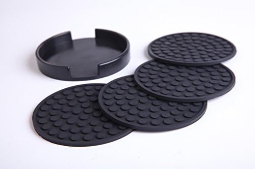 Silicone Coasters, Coasters Set of 4 With Holder Protect All Types Of Furniture From Water Mark &amp; Damage,Non-slip Heat Resistant Drink Coasters,Black