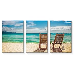 3 Piece Canvas Wall Art - Two Sitting Place in a Tropical Beach - Modern Home Art Stretched and Framed Ready to Hang - 16"x24"x3 Panels