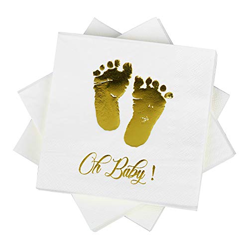 Oh Baby Cocktail Paper Napkins 5'' 100 counts 3-ply White and Gold Foil Baby Shower Didsposable Napkins Perfect for Birthday Baby Shower Party Supplies (oh baby 3-Ply))