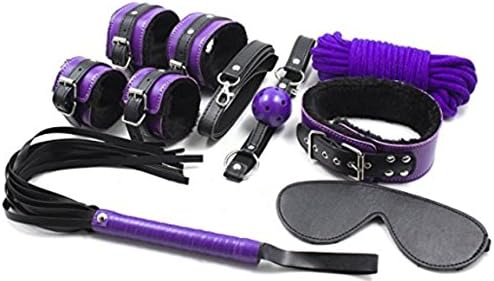 Sweeties Premium PU Leather Women Costume Kit - Whip, Collar, Blindfold, Cuffs (Black &amp; Purple)