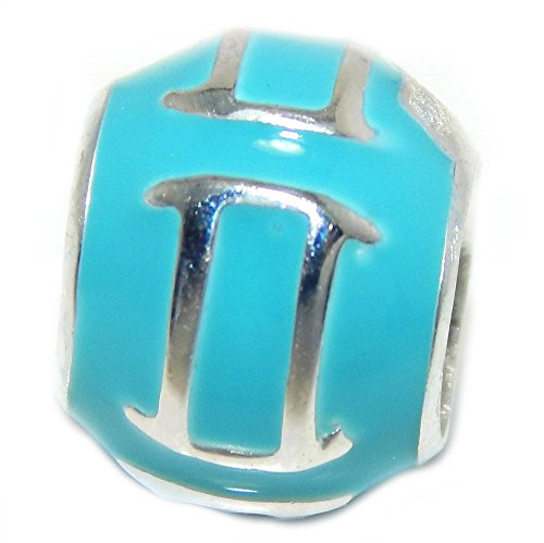 Pro Jewelry 925 Solid Sterling Silver Teal Barrel with Gemini Zodiac Sign Charm Bead
