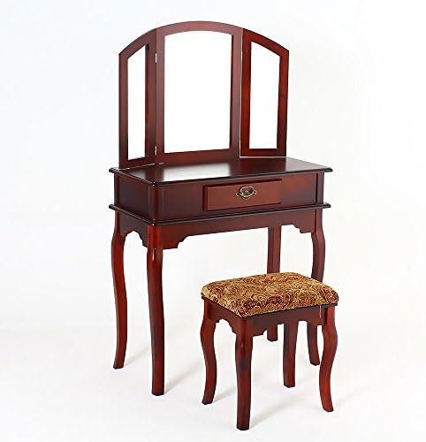 Shabby Vanity Makeup Desk Dressing Table w/ 1 Drawer, 3 Mirrors, Cushion Stool Bedroom (Cherry)