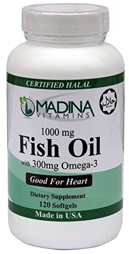 Madina Vitamins 1000 mg Fish Oil with 300 mg Omega-3, Beef Gelatin - Halal Vitamins (120 Softgels Daily Supplements)