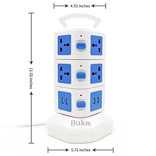 Bukm 10-Outlet Surge Protector Power Strip (110-250V Worldwide Voltage) 4-Port Universal USB Family Charging Station w/ Surge & Overload Protection for iPhone, iPad, Android Devices, Samsung, and More