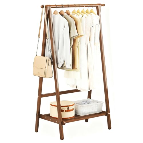 Beauenty Bamboo Clothes Racks, Freestanding Clothing Hanger with Storage Rack, Clothes Hanging Shoe Rack, Coat Organizer for Hotel, Hallway, Bedroom, Office (70x46x144 cm)