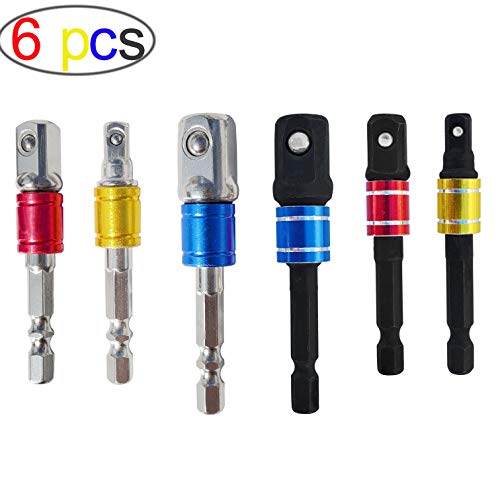 M-jump 6 PCS Impact Grade Socket Adapter/Extension Set Turns Power Drill Into High Speed Nut Driver,1/4-Inch Hex Shank to Drive for Adapters to Use with Drill Chucks, Sizes 1/4" 3/8" 1/2", Cr-V,