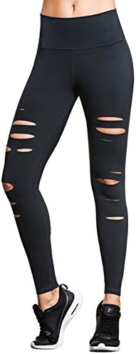 Dafina Specialties Women's Black Cutout Tights Skinny Yoga Active Ripped Leggings Pants, Ripped Leggings, Medium
