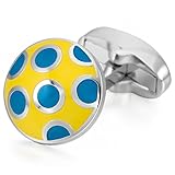 INBLUE Men's 2 PCS Rhodium Plated Enamel Cufflinks Silver Tone Blue Yellow Round Shirt Wedding Business 1 Pair Set