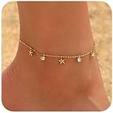 Kyazeo Gold Ankle Bracelets for Women 18K Gold Plated Waterproof Starfish Sea Shell Pearls CZ Diamond Dangle Anklets Trendy Summer Beach Foot Chain Jewelry Gift
