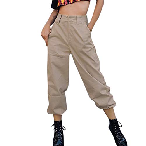 Harem Baggy Pants for Women,Teens Girls Casual Hip Hop Dance Jogging Sweat Pants Slacks Trousers with Pocket Chain (XL, Khaki)