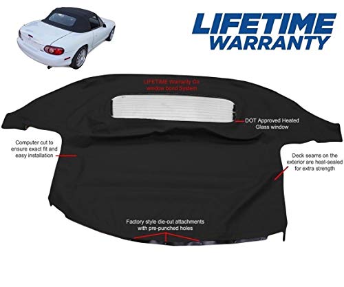 Compatible With Mazda Miata Convertible Top 1990-2005 One-Piece Non-Zippered Heated Glass Window in Cabrio Vinyl (Black)