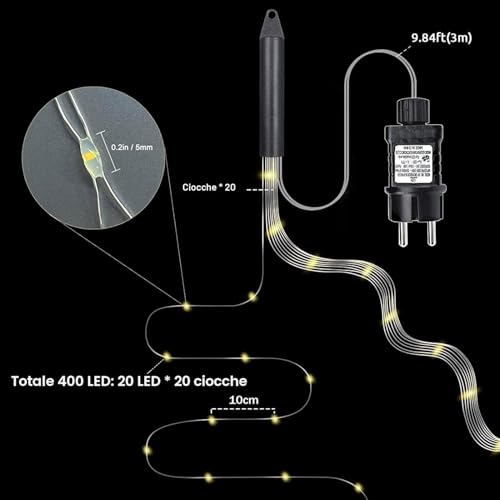 Joycome 2 m 400 LED Waterfall Lights with Plug, 8 Lighting Modes Light Chain, IP65 Waterproof Decorative String Lights for Christmas Garden Party Wedding (Warm White)
