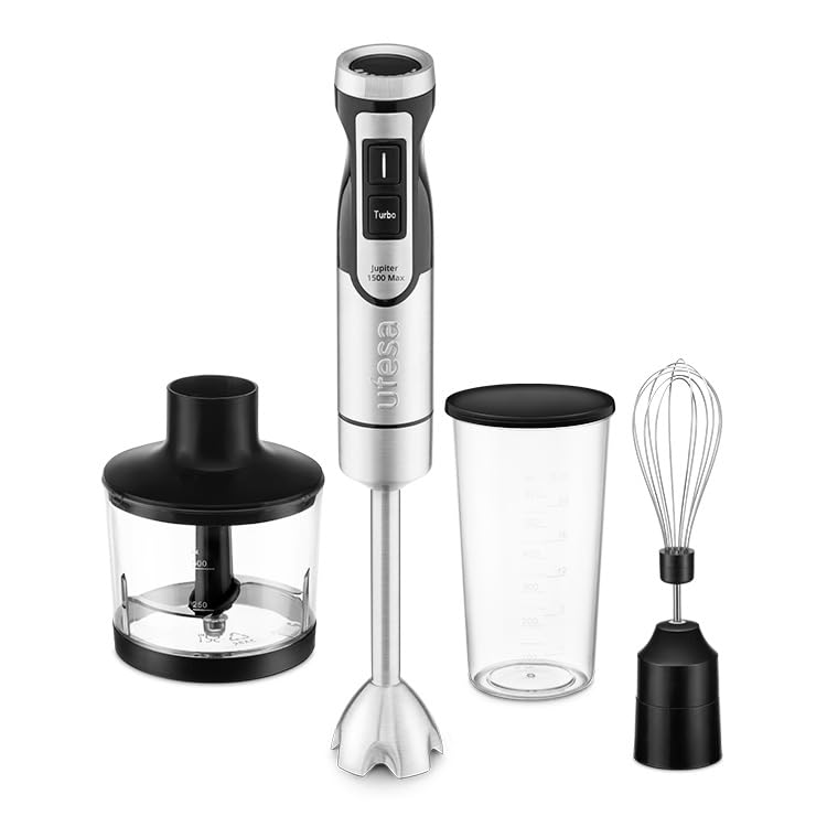 Jupiter Max Mixeur Plongeant 1500W, Contrôle de Vitesse Variable, Écran LCD, Fonction Turbo, 4 Lames Haute Efficacité, Hachoir 500 ml, Fouet Émulsionneur et Verre Doseur 600 ml